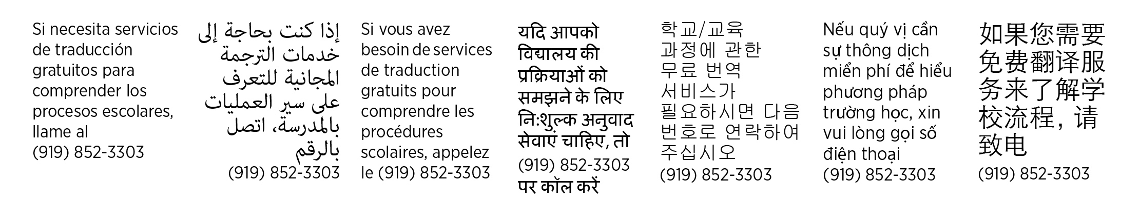 If free translation services are needed to understand school processes, call 919-852-3303